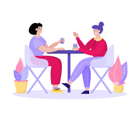 Two women in cafe talking and having drinks - female cartoon friends