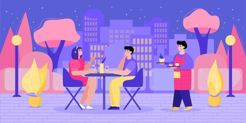 Couple sitting at tables and dining in street cafe, cartoon vector illustration.