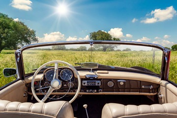Vintage car interior stopped in spring - 334224885