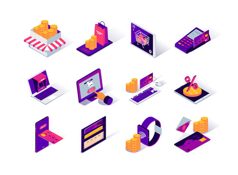 Ecommerce Platform Isometric Icons Set. Online Banking And Money Transfer, Ecommerce Website Service. Payment By Smartphone, Smartwatch, Laptop And Atm Terminal. Online Shopping 3d Vector Isometry.