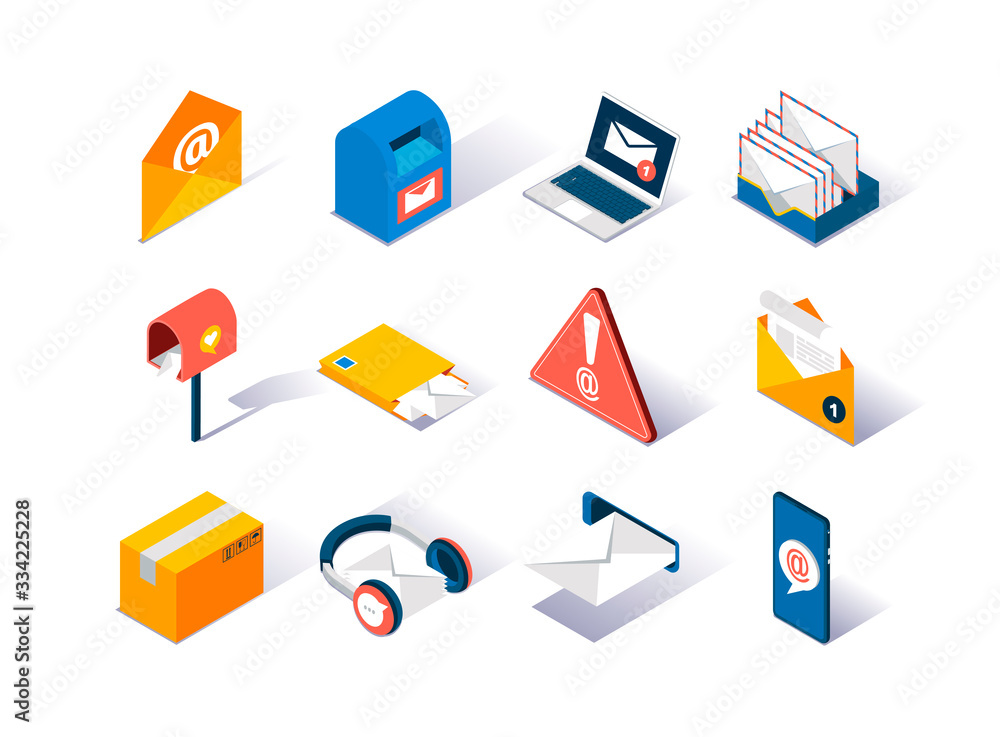 Poster Email service provider isometric icons set. Delivery box, mail envelope, postbox, mobile application for online messaging. Email subscribe, online newsletter and internet marketing 3d vector isometry.