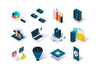 Big data isometric icons set. Data collection, storage in cloud database and analysis. Computer technology and scientific methods and algorithms. Data analysis and interpretation 3d vector isometry. © alexdndz