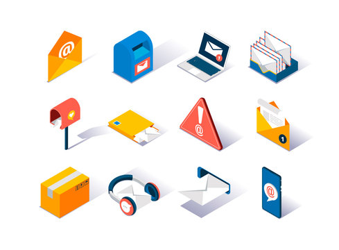 Email service provider isometric icons set. Delivery box, mail envelope, postbox, mobile application for online messaging. Email subscribe, online newsletter and internet marketing 3d vector isometry.
