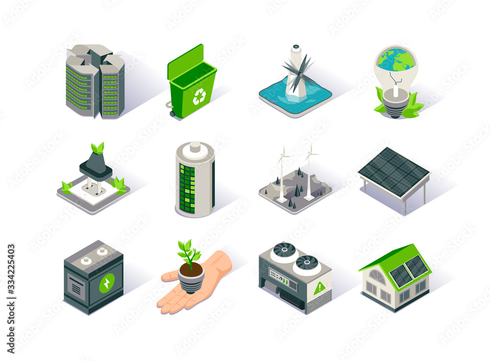 Aufkleber clean energy isometric icon set. ecology environment and electricity generation. alternative sources