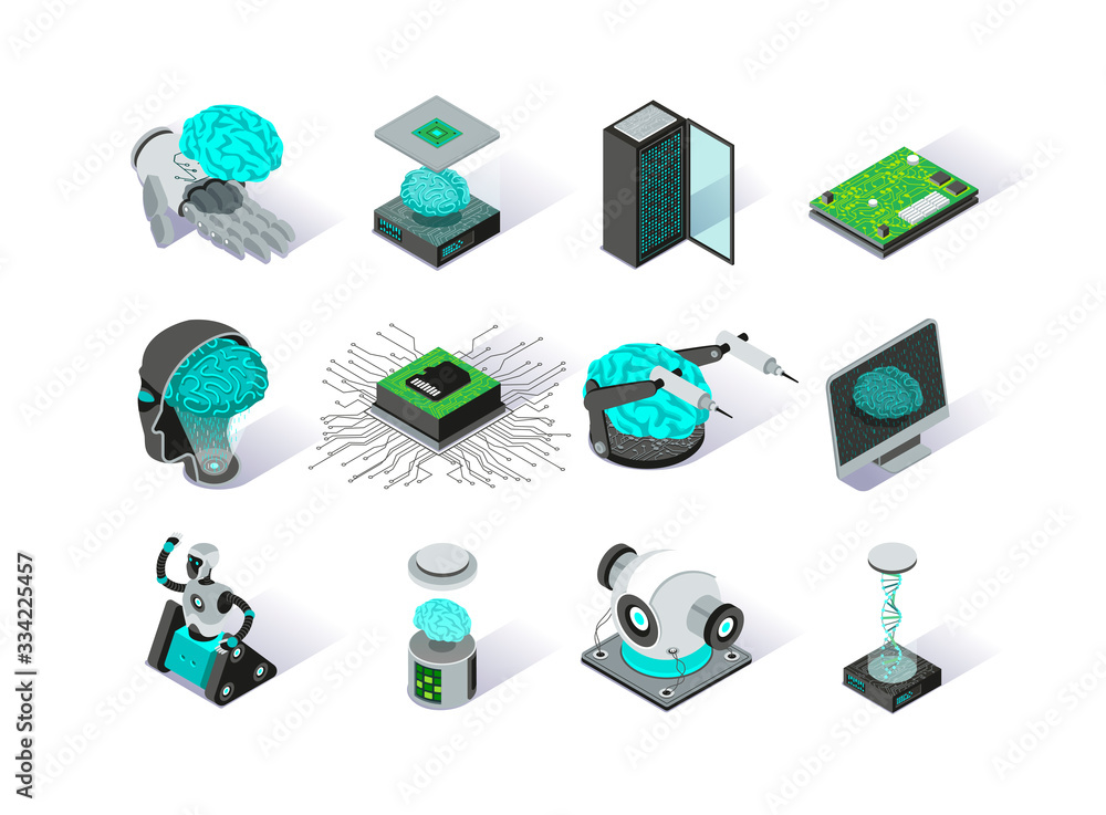 Poster Artificial intelligence isometric icons set. Deep learning modern technology pictograms. Futuristic cyber innovation and brain engineering. Machine learning and neural network 3d vector isometry.