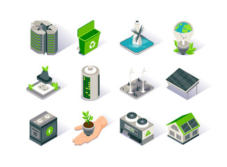 Fototapeta Clean energy isometric icon set. Ecology environment and electricity generation. Alternative sources, wind and solar energy production, tidal power station. Renewable energy sources 3d vector isometry obraz