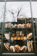 Baked bread in a bakery window