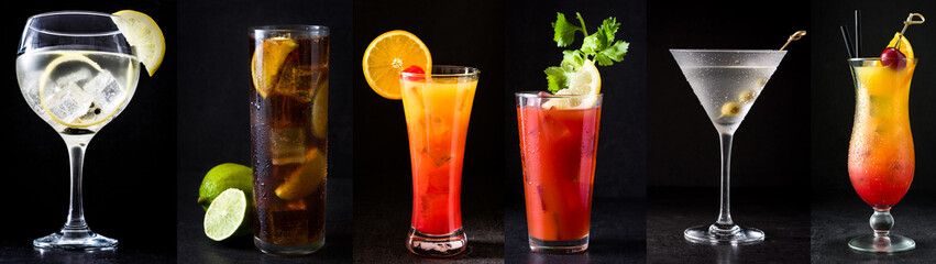 Collage of different cocktails on black background