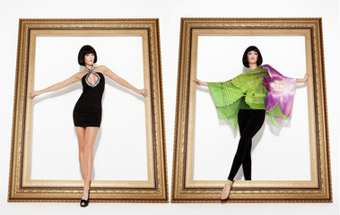 beautiful model with black blunt hair posing in black stylish chic mini dress and black jeans....