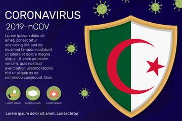 Shield covering and protecting of Algeria. Conceptual banner, poster, advisory steps to follow during the outbreak of Covid-19, coronavirus. Do not panic stop corona virus together