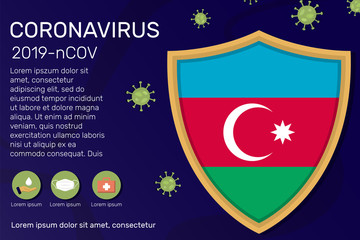 Shield covering and protecting of Azerbaijan. Conceptual banner, poster, advisory steps to follow during the outbreak of Covid-19, coronavirus. Do not panic stop corona virus together