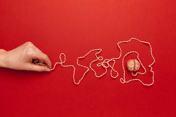 Human brain and confusion of consciousness on red background. Anxiety, stress and depression in...