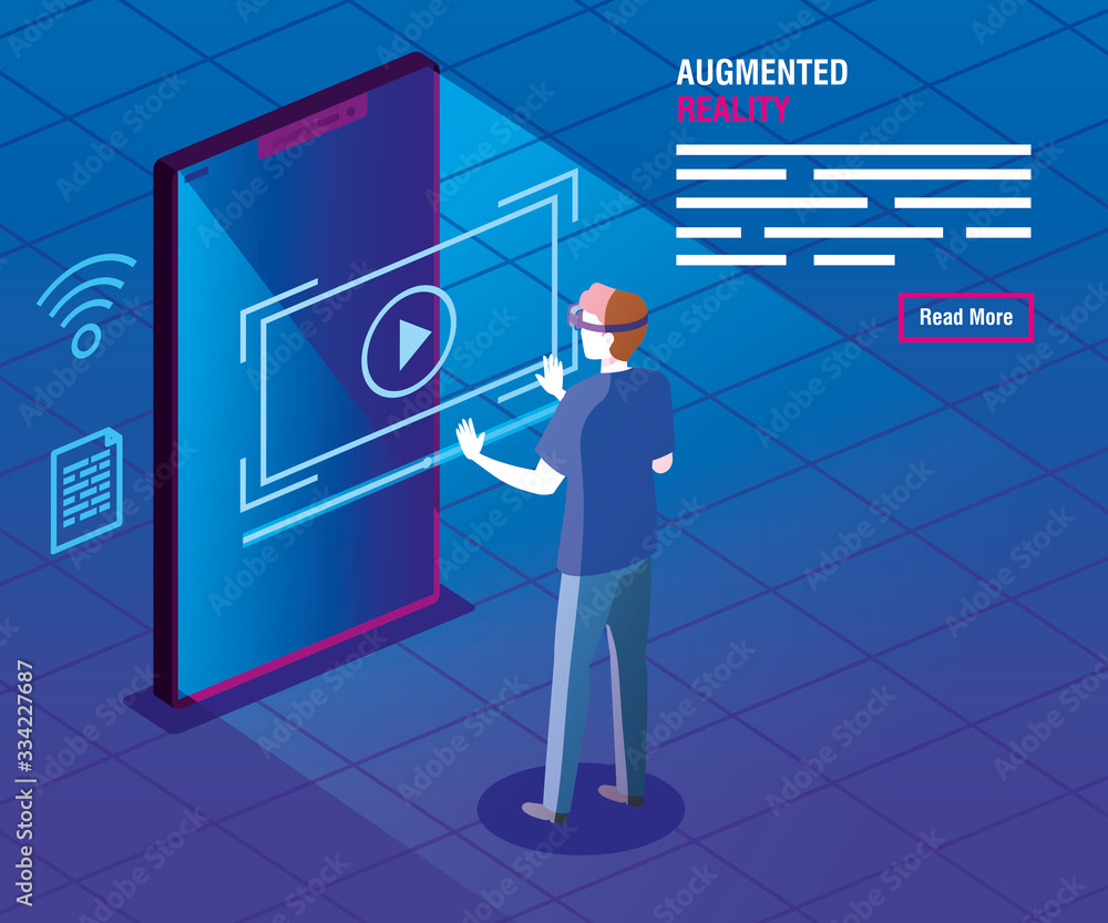 Poster man with glasses of reality augmented and smartphone vector illustration design