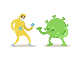Doctor in protecting costume fighting with big green virus monster. Fight covid-19, coronavirus outbreak concept. Flat vector illustration, isolated on white background.