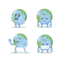 Earth globe cartoon character in different poses, set of four. Covid 19 concept. Flat vector illustration, isolated on white background.