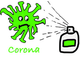 A green funny cartoon style covid-19 corona virus stopped by a bottle of disinfectant, cologne - vector, illustration