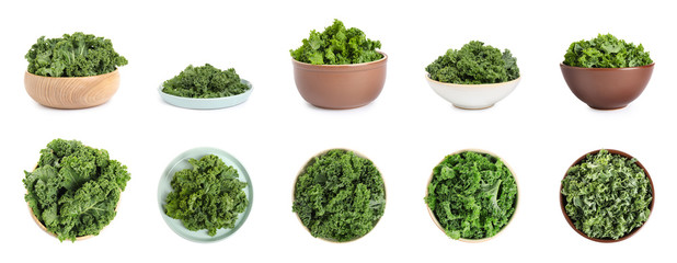 Set of fresh green kale leaves on white background. Banner design
