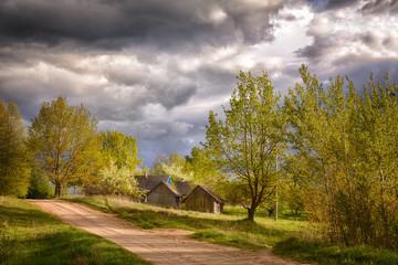 Village houses with dramatic sky