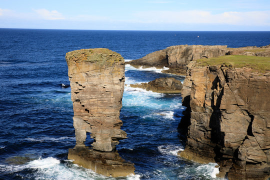 Yesnaby - Orkney (Scotland), UK - August 07, 2018: Yesnaby cliffs area, Stromnessr, Orkney, Scotland, Highlands, United Kingdom