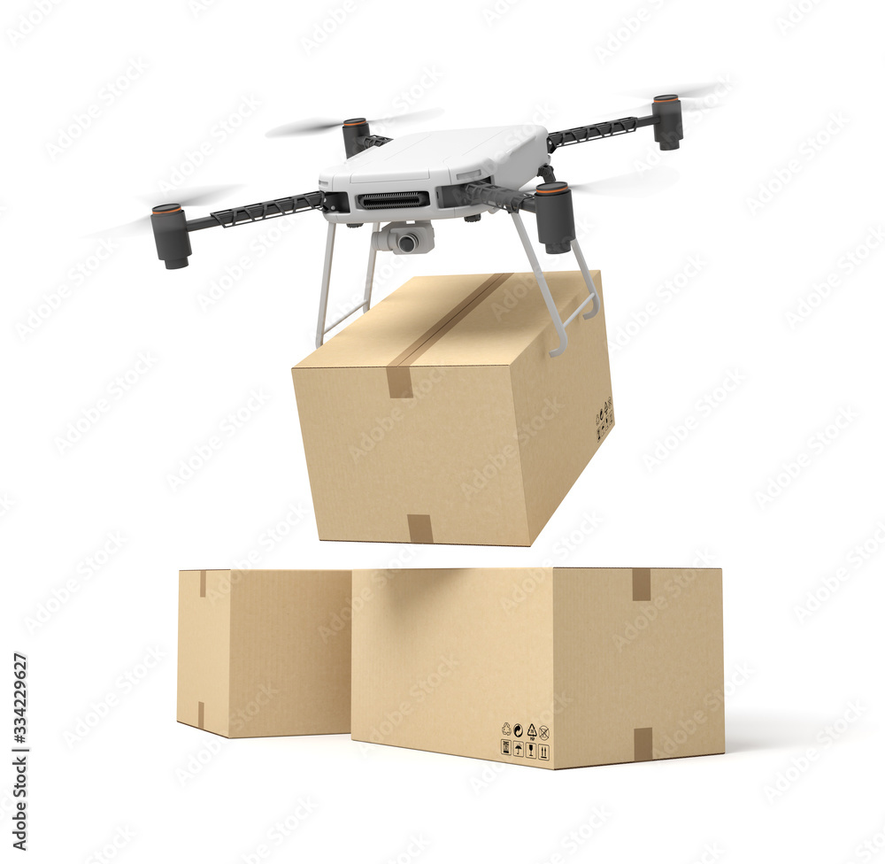 Poster 3d rendering of camera drone delivering cardboard box on top of two other boxes isolated on white ba