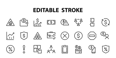 Set of business vector line icons. It contains user symbols, dollar pictograms, gears, briefcase, puzzles, envelope, percentage, messages, schedule, and more. Editable Bar 460x460 pixels.