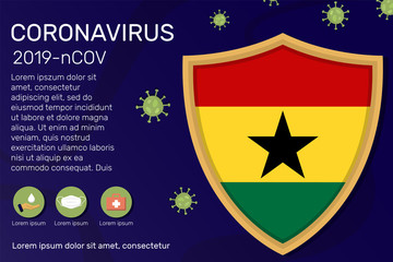 Shield covering and protecting of Ghana. Conceptual banner, poster, advisory steps to follow during the outbreak of Covid-19, coronavirus. Do not panic stop corona virus together