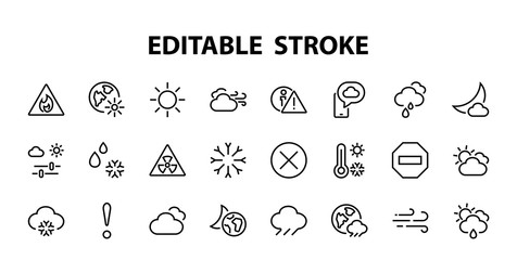 WEATHER set of icons, icons such as weather forecast and clouds, wind, rain, snow, weather settings and sunny weather and much more. Editable stroke, simple vector lines