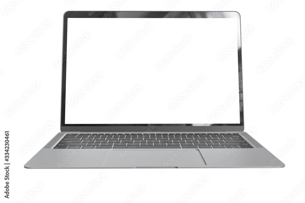 Poster modern computer laptop open white screen isolated with clipping mask on white background for present