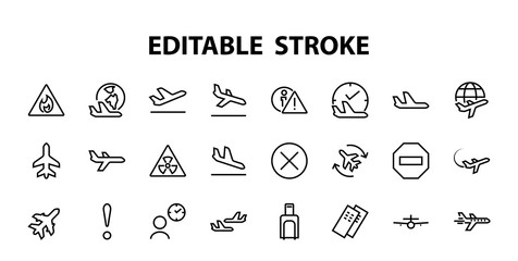  A simple set of airport related vector line icons. Contains badges such as departure, boarding, waiting time, boarding, find a place to travel tickets, and much more. Editable stroke. 48x48 pixels