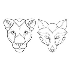 Set of two abstract heads of a panther and fox. Vector illustration