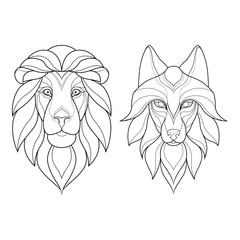 Set of two abstract heads of a lion and wolf. Vector illustration
