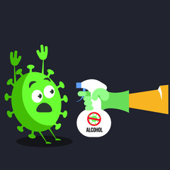 Alcohol against the virus, Coronavirus being killed by alcohol spray, disinfectant solution, vector illustration, isolated on background
