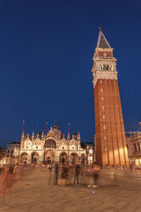 Bell tower and historical buildings at Piazza San Marco at night in Venice