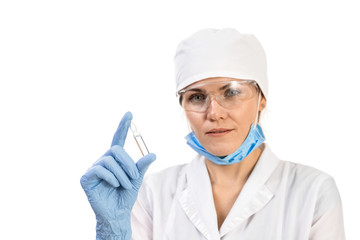 A doctor or scientist in laboratory holding ampoule vaccines for children or older adults, or cure animal diseases. Concept:diseases,medical care,science, anesthesia,euthanasia,diabetes.