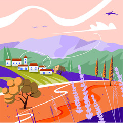 landscape of provence herbs, lavender fields, mountains. can be used in the design of cosmetic and alcohol products, as well as banners and sites