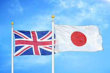 United Kingdom and Japan two flags on flagpoles and blue cloudy sky