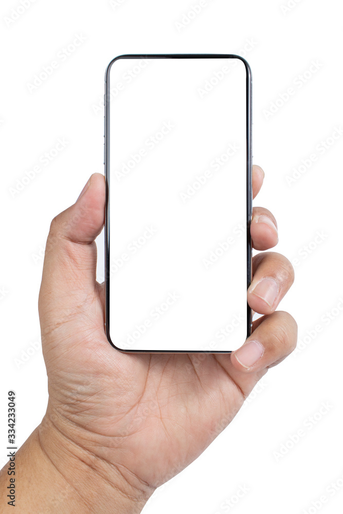 Poster left hand holding smartphone device and blank touching screen.isolated on white background with clip