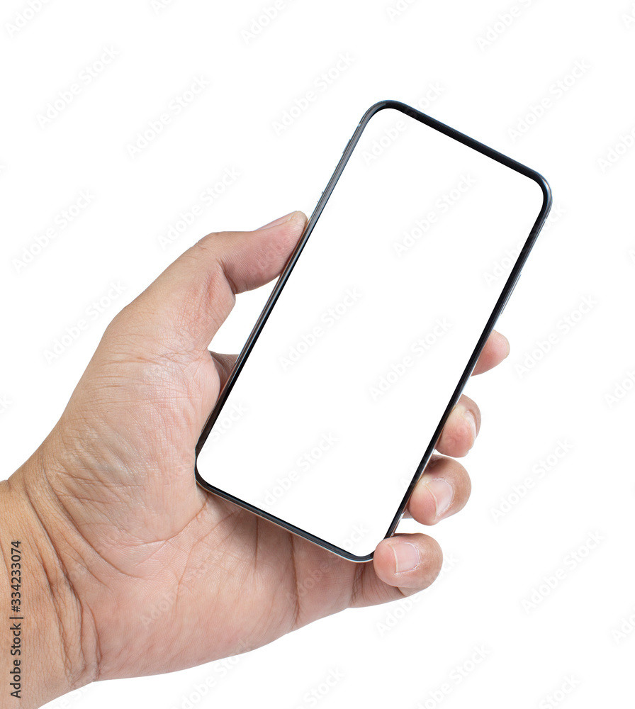 Poster left hand holding smartphone device and blank touching screen.isolated on white background with clip