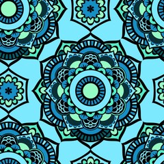 Seamless colorful glaze pattern of mandalas. Vector oriental pattern on a bright blue tones. Fairy floral pattern of circular elements. Can be used for textiles, tile, shawl, web.