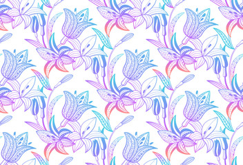 Fototapeta na wymiar Lilies seamless pattern. Violet lilac gradient ornamental flower pattern. Vector illustration.