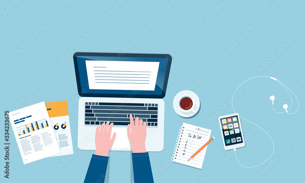 Poster flat vector work from home workplace concept and business smart working online connect anywhere  concept