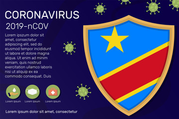 Shield covering and protecting of Republic of the Congo. Conceptual banner, poster, advisory steps to follow during the outbreak of Covid-19, coronavirus. Do not panic stop corona virus together