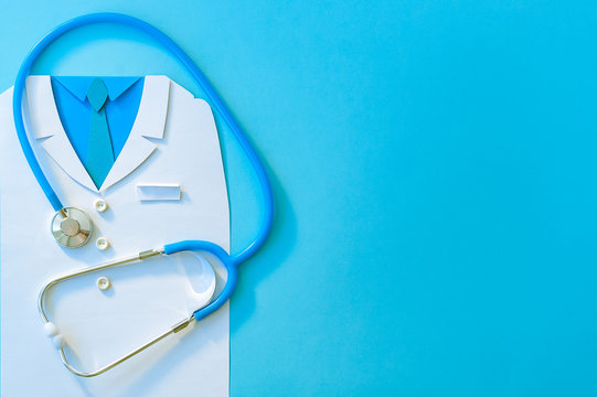 Abstract World Health Day concept with doctor and stethoscope on blue background. Copy space. Healthcare.