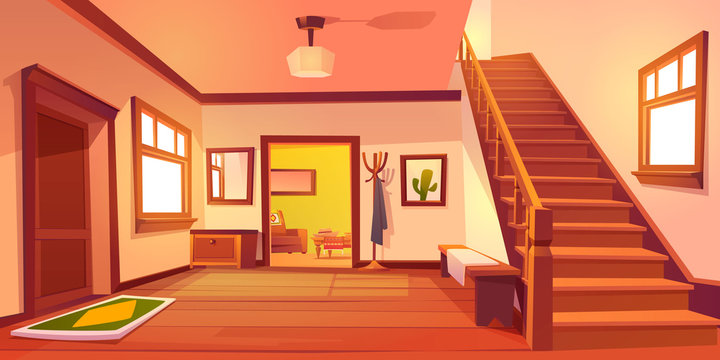 Rustic house hallway entrance interior with wooden stairs and furniture. Western style apartment with door, hanger, carpet, cowboy hat on table and cactus picture on wall. Cartoon vector illustration.