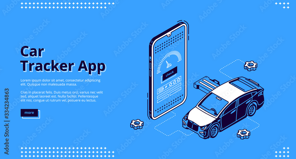 Poster car tracker app isometric landing page. gps geolocation service for mobile phone. automobile at huge