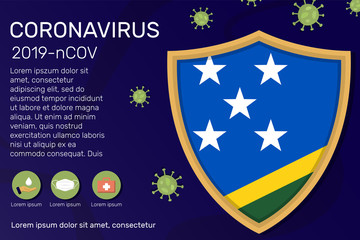 Shield covering and protecting of Solomon Islands. Conceptual banner, poster, advisory steps to follow during the outbreak of Covid-19, coronavirus. Do not panic stop corona virus together
