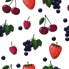 Natural delicious juicy organic berries seamless pattern with blueberries, blackcurrants, raspberries, strawberries, cherries, vector color illustration on white background, isolated