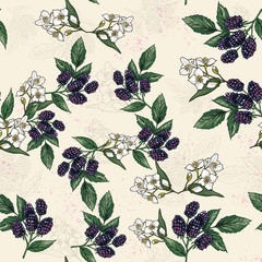 Beach cheerful seamless pattern wallpaper of blueberries fruit and leafs with lily flower on a light yellow background
