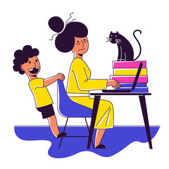 A square vector image of a woman working at home with her child near. A home office during coronavirus quarantine.