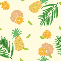 Colorful and seamless fruits pattern wirh sliced orange, pineapple and palm leafs on a light yellow background